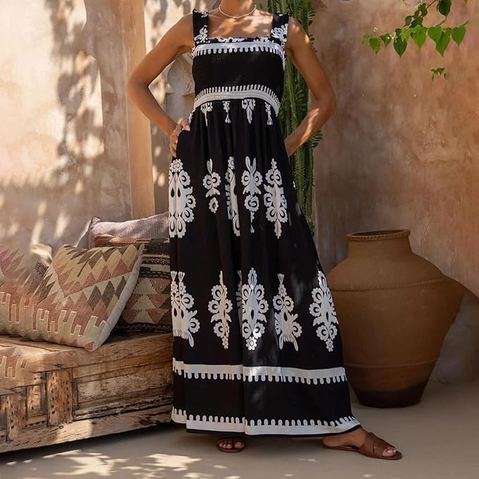 Women Floral Sleeveless Maxi Dress Boho Flowy Going Out Slip Dress Spaghetti Strap Backless Swing Sun Dress - MEDIUM ONLY