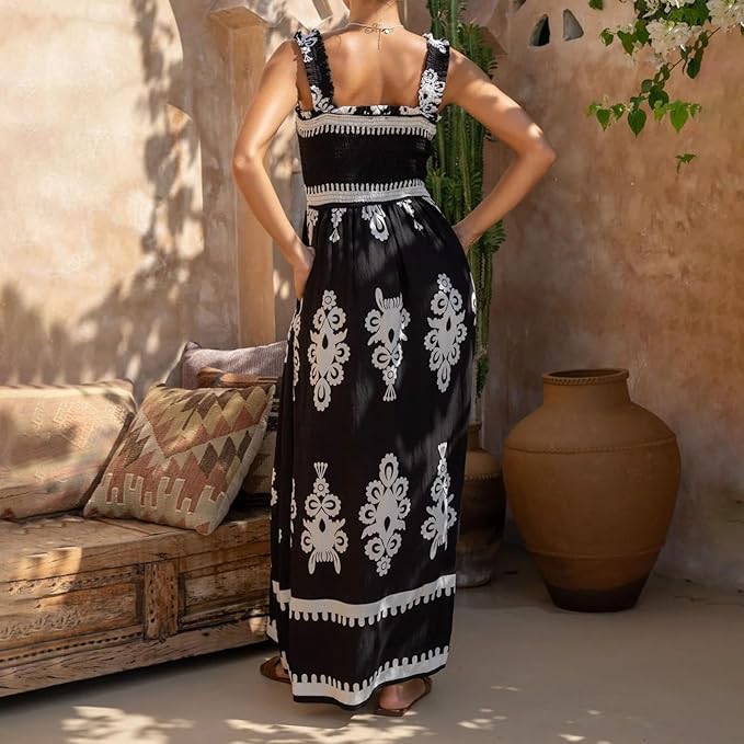 Women Floral Sleeveless Maxi Dress Boho Flowy Going Out Slip Dress Spaghetti Strap Backless Swing Sun Dress - MEDIUM ONLY