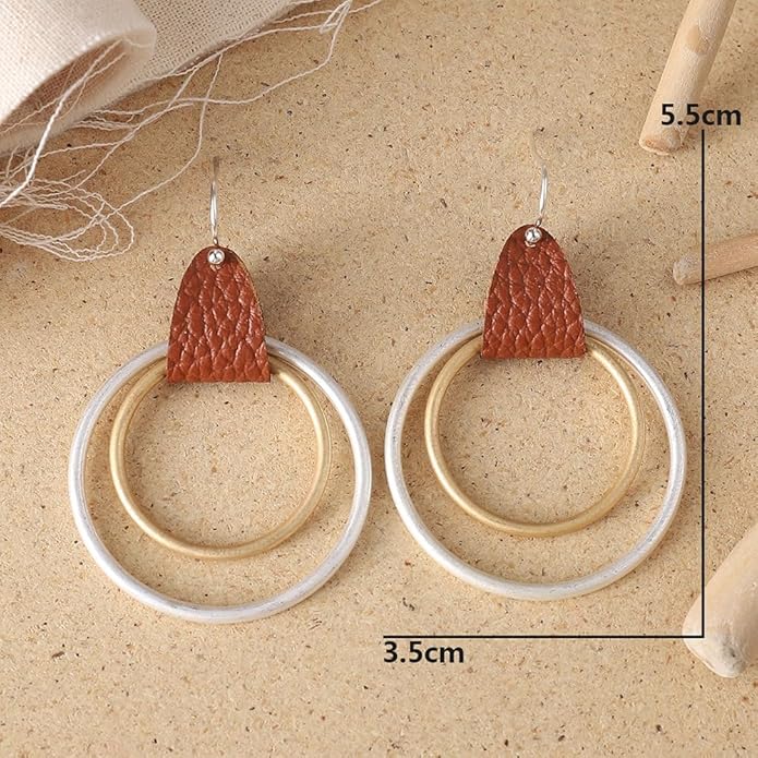 Minimalist Leather Geometric  Round Circle Hoop Drop Dangle Earrings