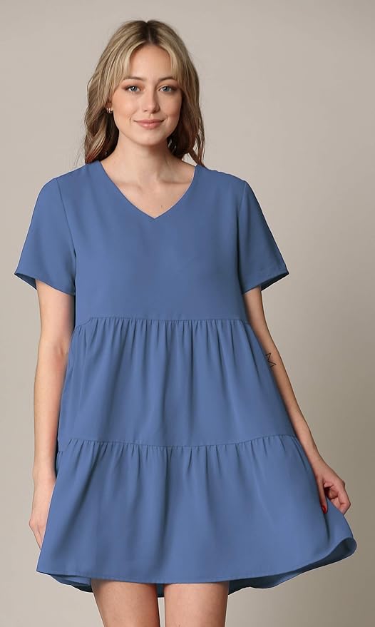 Lock and Love Women's Summer Tunic Dress V Neck Casual Loose Flowy Swing Shift Dress - Blue