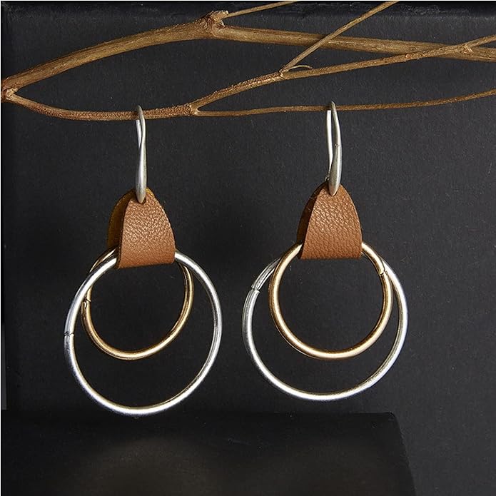 Minimalist Leather Geometric  Round Circle Hoop Drop Dangle Earrings