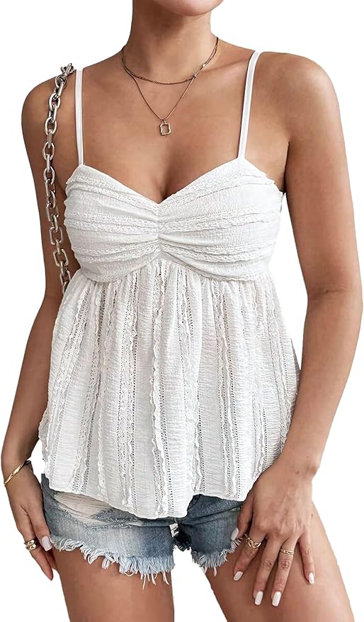 Womens Trim Peplum Tank Top,Spaghetti Strap Cami Backless Top Summer Boho Camisole Going Out Crop Tops - White