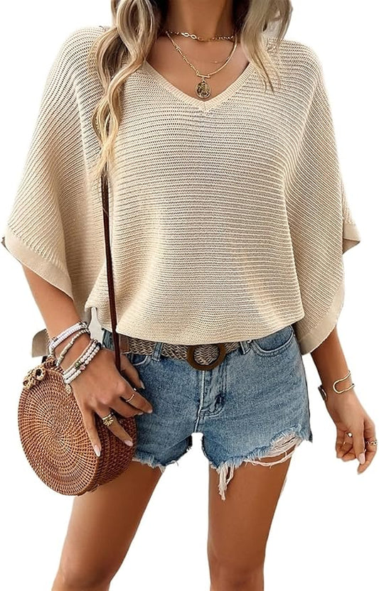 Elings Women's V Neck Hollow Out Knit Sweater Tops Lightweight Beachwear Cover Ups