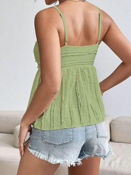 Womens Trim Peplum Tank Top,Spaghetti Strap Cami Backless Top Summer Boho Camisole Going Out Crop Tops - Green