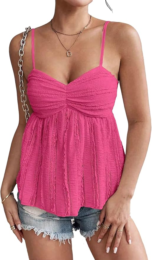 Womens Trim Peplum Tank Top,Spaghetti Strap Cami Backless Top Summer Boho Camisole Going Out Crop Tops - Hot Pink