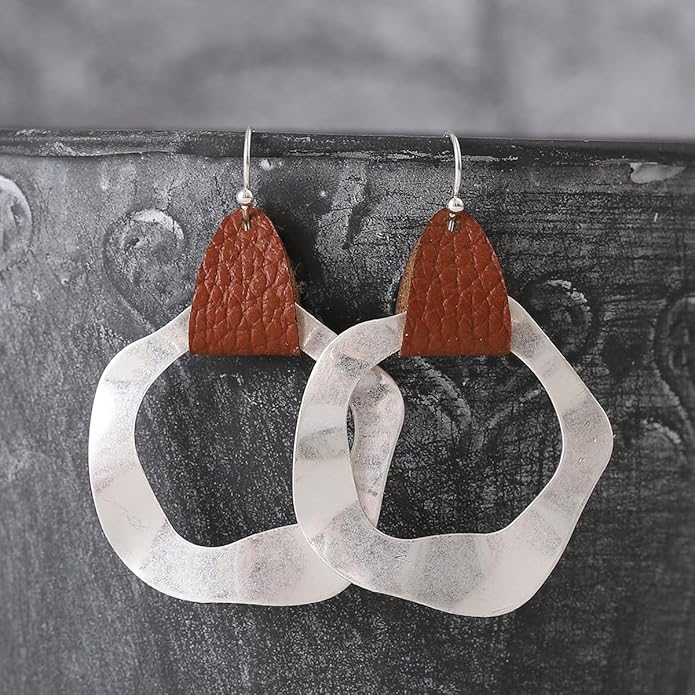 Minimalist Leather Round Circle Hoop Drop Dangle Earrings