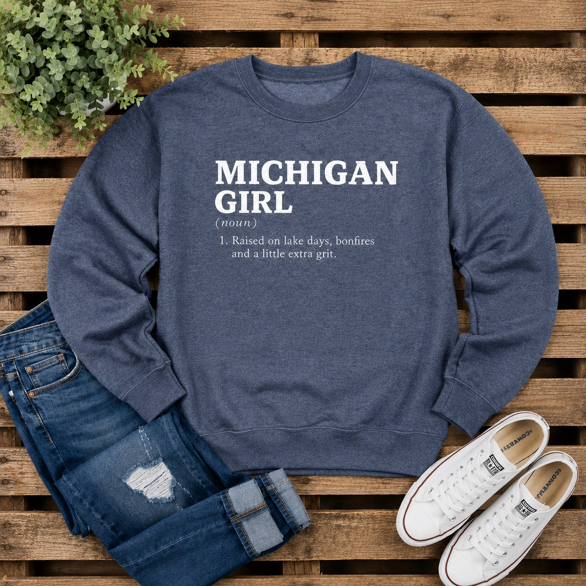 Michigan Girl Lake Days & Bonfires Crewneck Sweatshirt – Heather Navy - Small