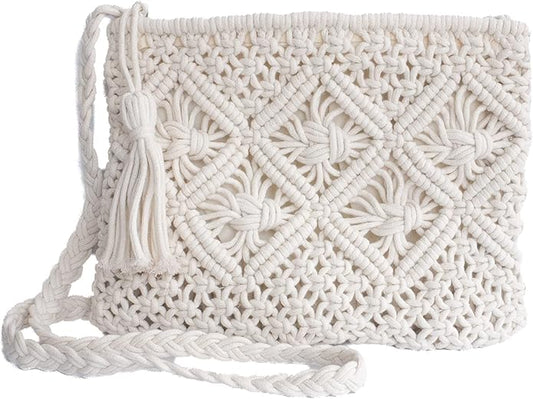 Cotton Macrame Purse Bag | Hand-Woven Knitted Crossbody Shoulder Strap Zipper | Cute Fringe Boho Coin | White