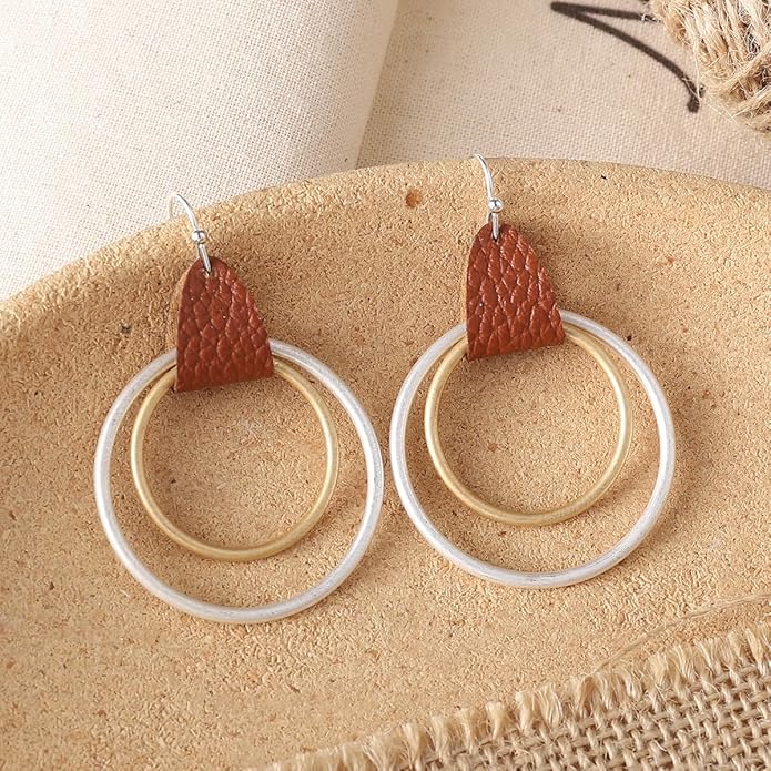 Minimalist Leather Geometric  Round Circle Hoop Drop Dangle Earrings