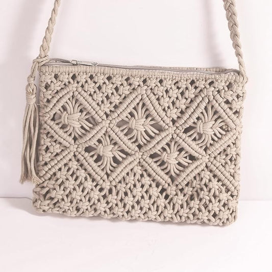Cotton Macrame Purse Bag | Hand-Woven Knitted Crossbody Shoulder Strap Zipper | Cute Fringe Boho Coin | Gray