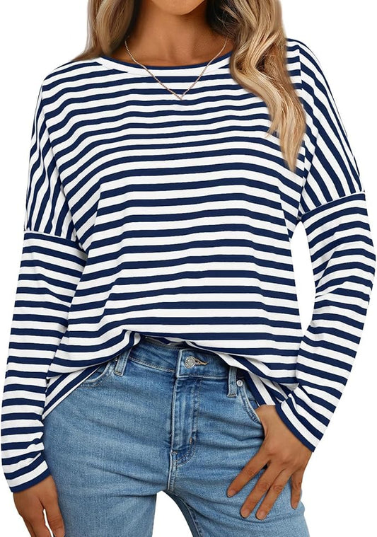 Womens Oversized T Shirts Striped Long Sleeve Crew Neck Casual Loose fit Fall Fashion Tops Basic Tunic tees - NAVY