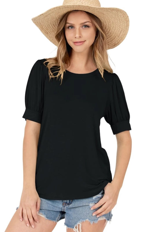 Rolled Short Sleeve Round Neck Top With Side Slits - Black