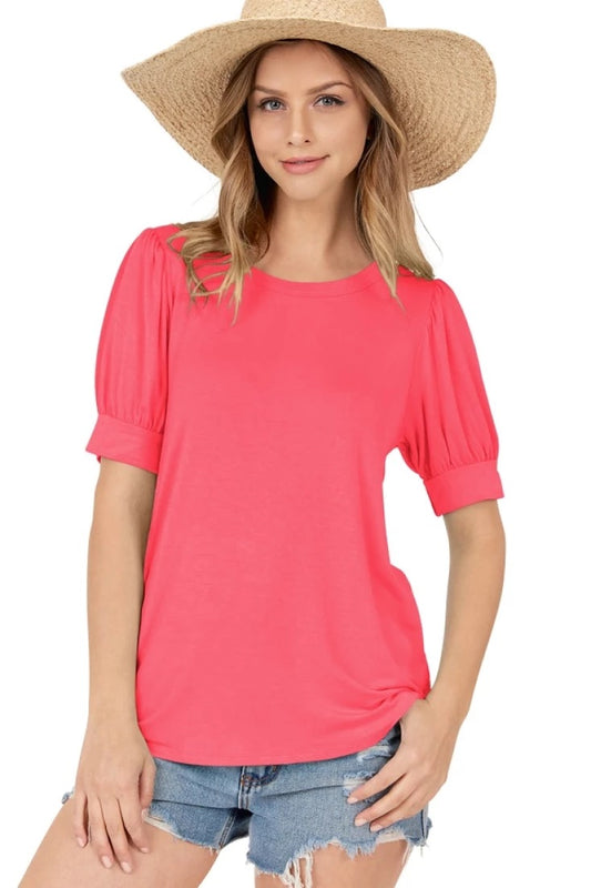 Rolled Short Sleeve Round Neck Top With Side Slits - Coral