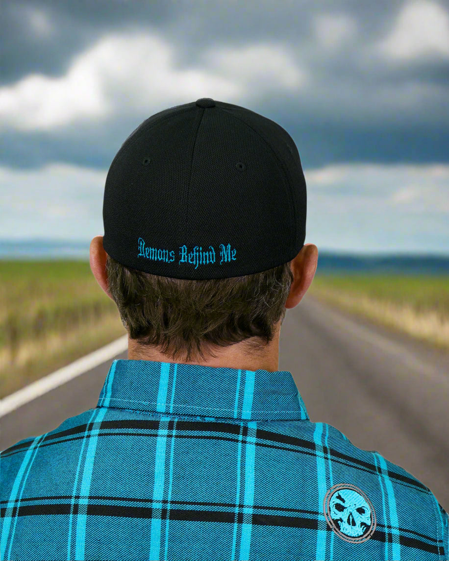 Purple & Teal Two-Tone Skull - Black "Never Fade" Fitted Cap