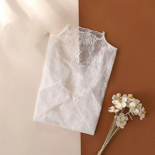 Sheer Lace High-Neck Top - White
