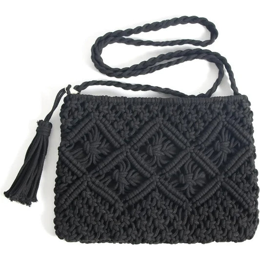 Cotton Macrame Purse Bag | Hand-Woven Knitted Crossbody Shoulder Strap Zipper | Cute Fringe Boho Coin | Black