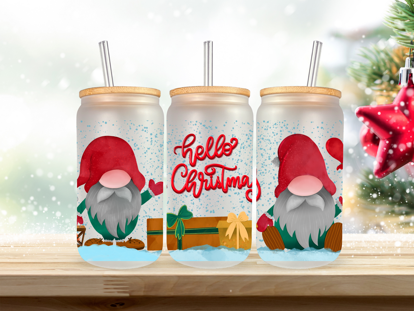 20 oz Glass Cup - Christmas - Hello Christmas Gnome