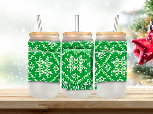 20 oz Glass Cup - Christmas - Green Scarf