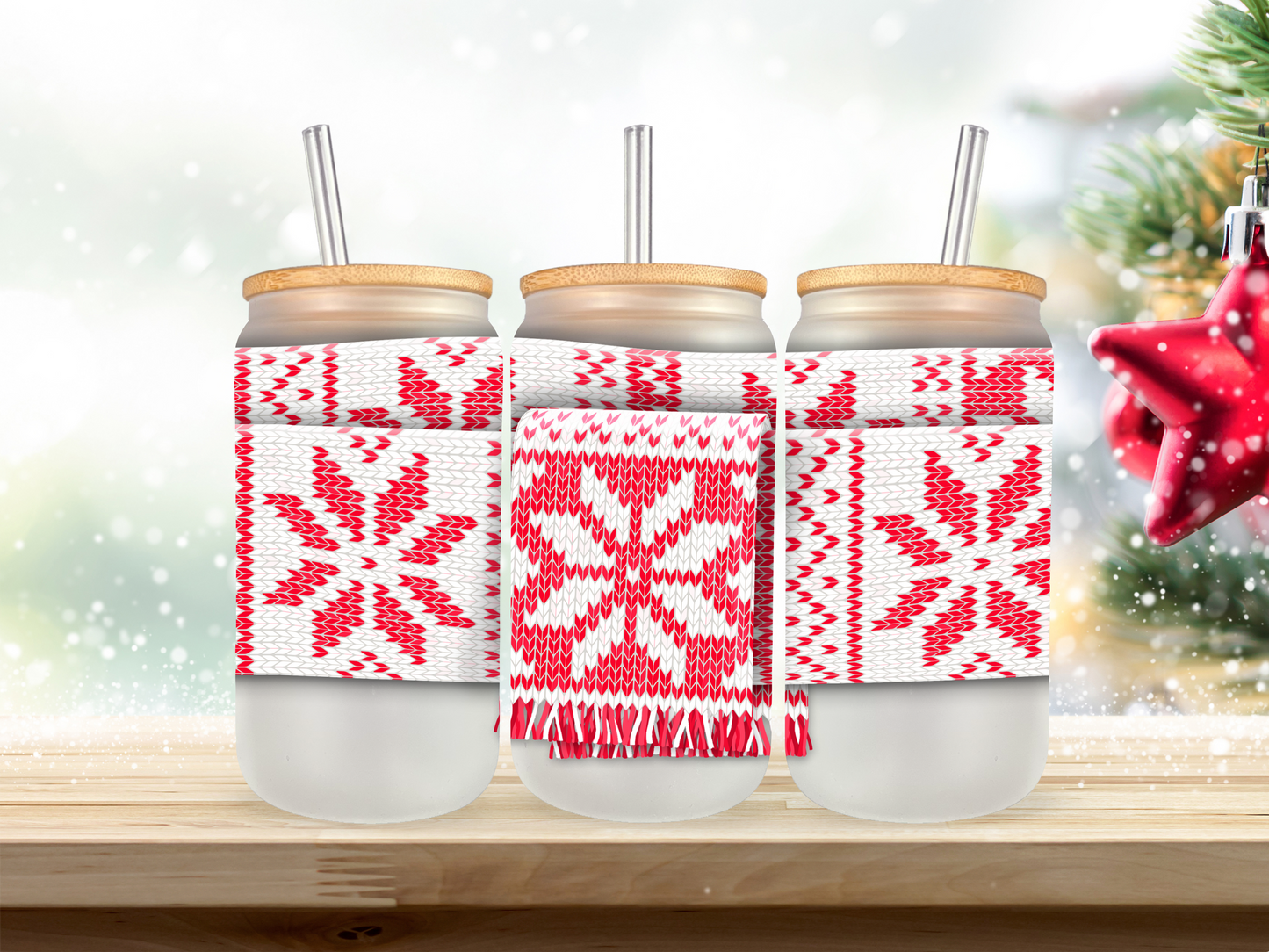 20 oz Glass Cup - Christmas - Red Scarf