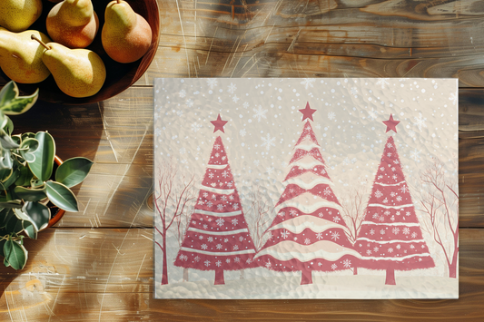 11" x 8" Tempered Glass Cutting Board - Christmas - Red Christmas Trees