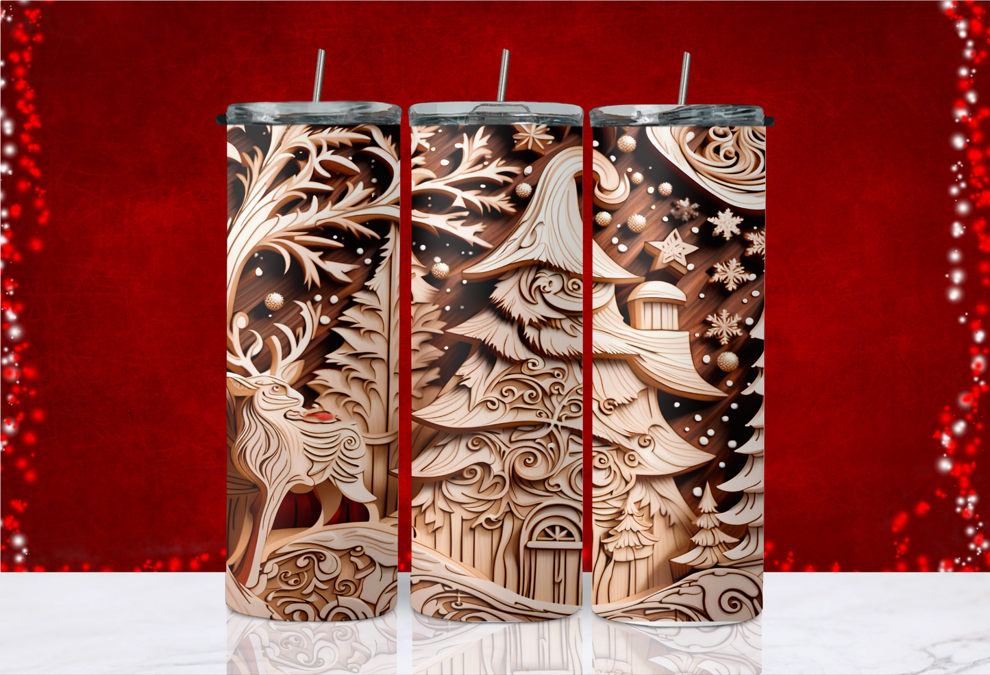 20 oz Skinny Tumbler - Christmas - Wooden Christmas Scene