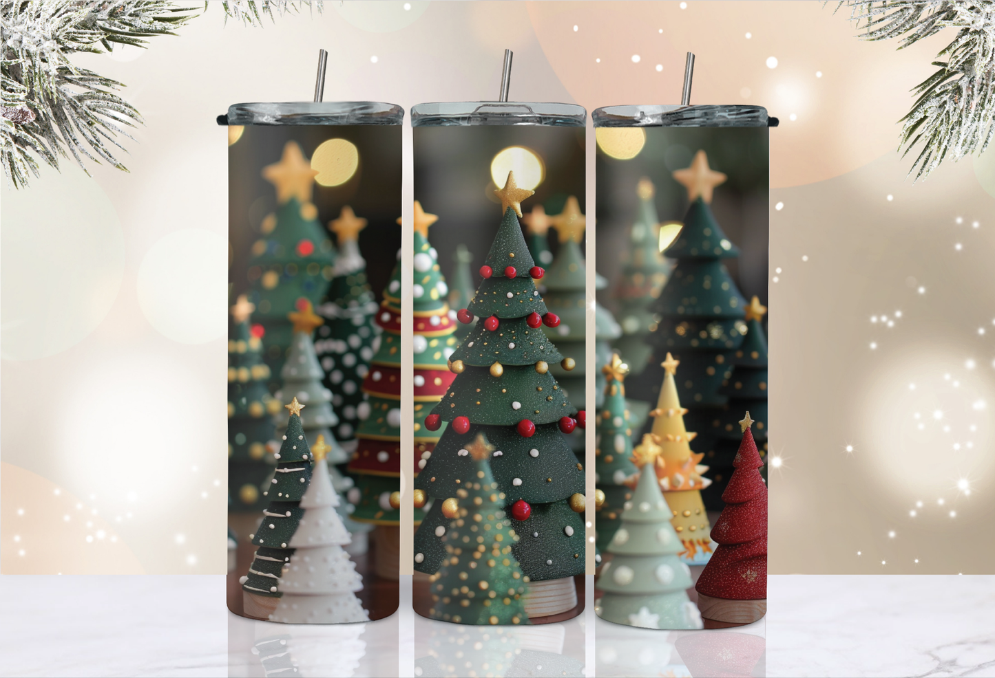 20 oz Skinny Tumbler - Christmas - 3D Christmas Trees