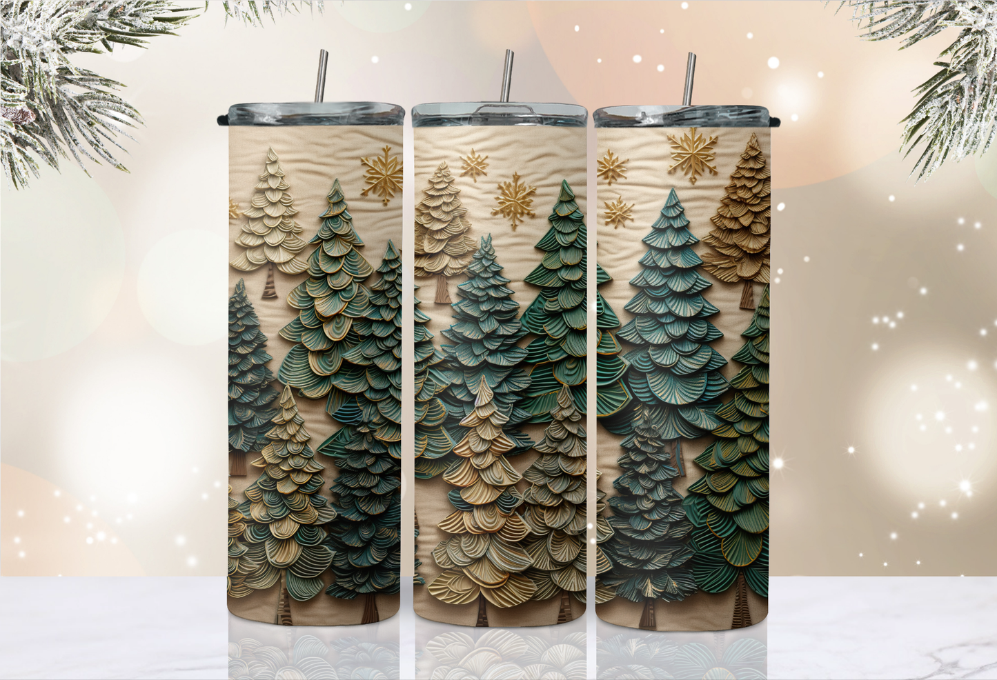 20 oz Skinny Tumbler - Christmas - 3D Trees