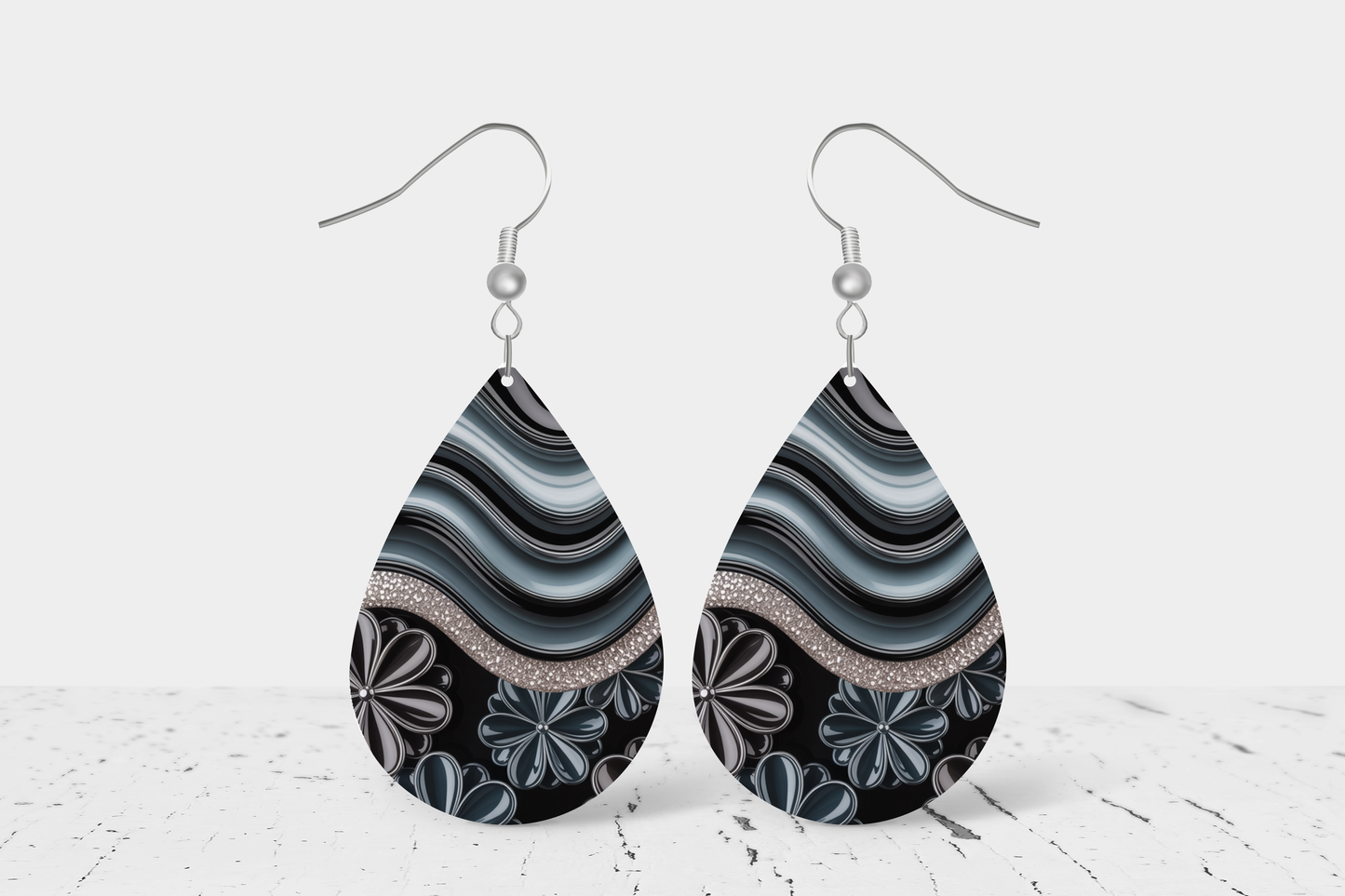 Teardrop Earrings (E100E) - Black Floral Swirls