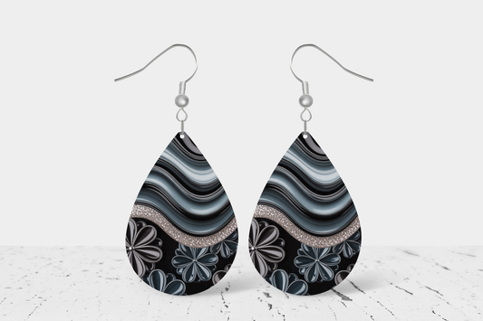 Teardrop Earrings (E100E) - Black Floral Swirls