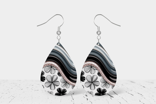 Teardrop Earrings (E101E) - Black Floral Swirls