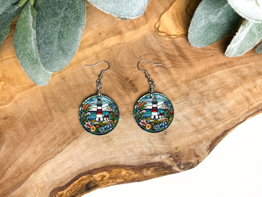 Round Earrings (E106R) -Stained Glass Lighthouse
