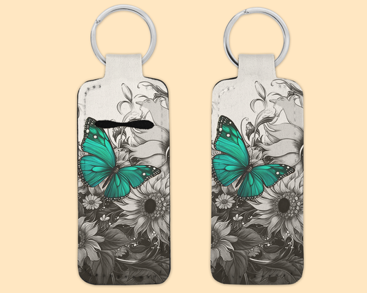 Chapstick / Lip Balm Keychain - (E112C) B&W Teal Butterfly