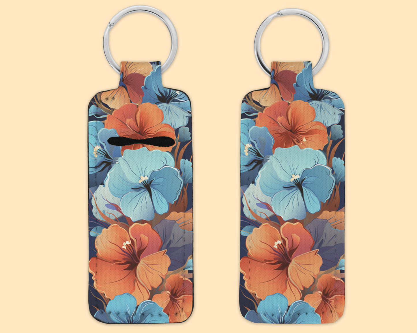 Chapstick / Lip Balm Keychain - (E113C) Blue & Orange Floral