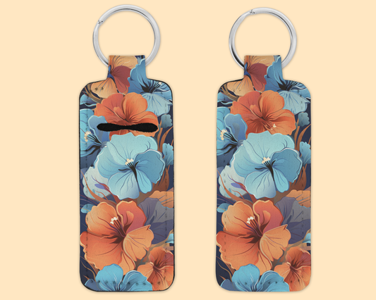 Chapstick / Lip Balm Keychain - (E113C) Blue & Orange Floral