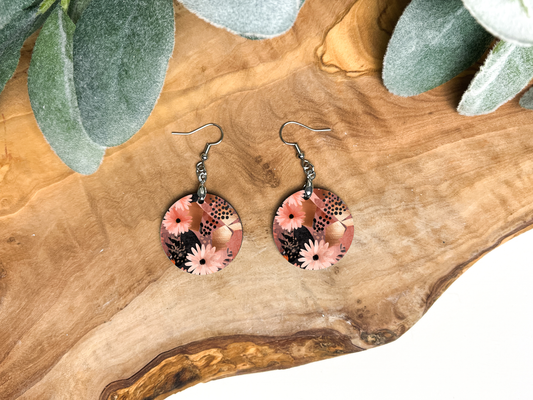 Round Earrings (E119R) - Pink & Gold Floral