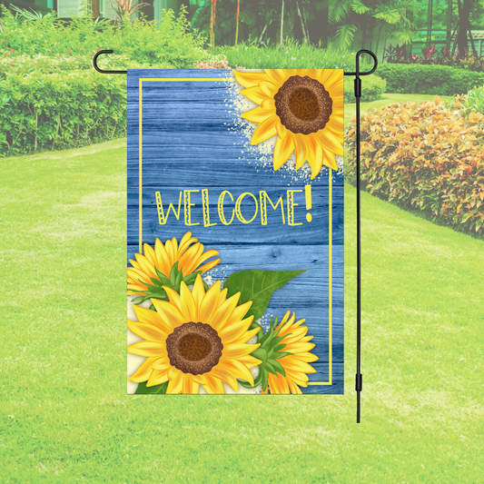 Garden Flag – Welcome Sunflower Blue Wood