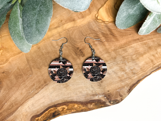 Round Earrings (E120R) - Black Roses