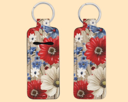 Chapstick / Lip Balm Keychain - (E128C) Red White & Blue floral