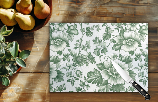 11" x 8" Tempered Glass Cutting Board - Green Floral