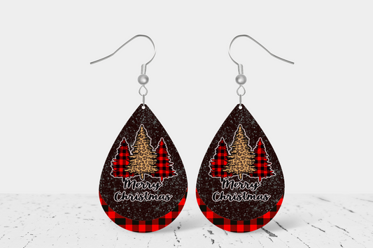 Merry Christmas Buffalo Plaid Teardrop Earrings