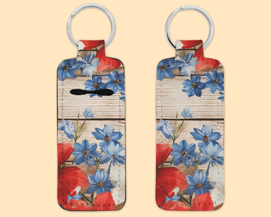 Chapstick / Lip Balm Keychain - (E130C) Red White & Blue floral wood