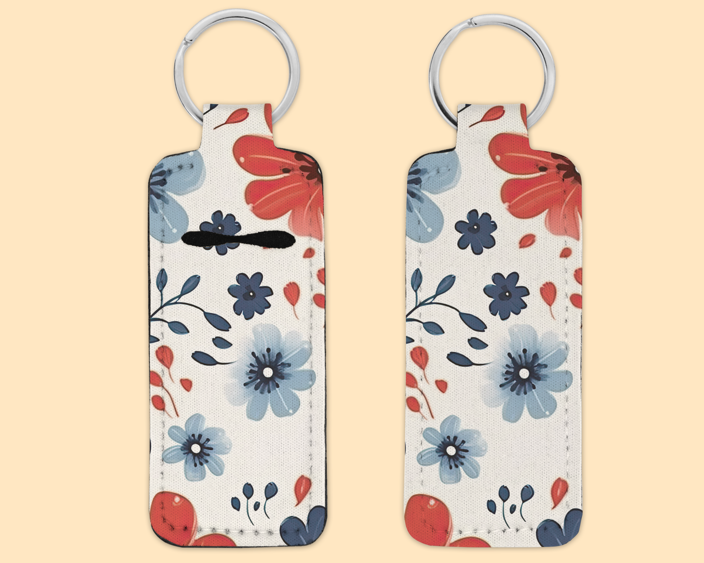 Chapstick / Lip Balm Keychain - (E133C) Red White & Blue Flowers
