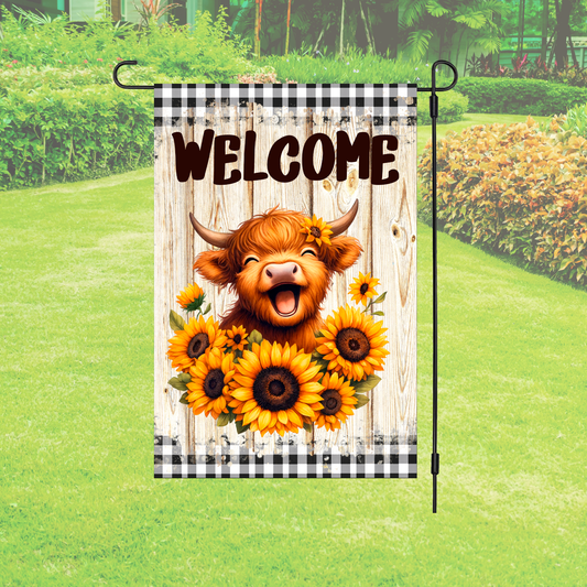Garden Flag – Welcome Highland Cow Sunflower
