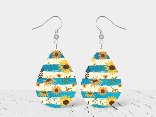 Blue & White Stripe Flower Teardrop Earrings