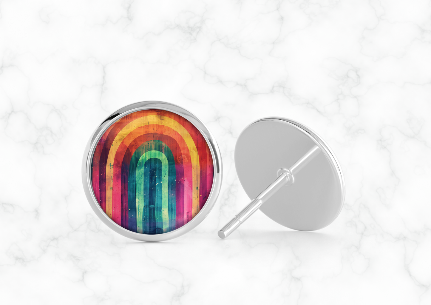 Glass Dome Aluminum Stud Earrings - Rainbow (E25N)