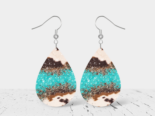 Cowhide Teal Teardrop Earrings