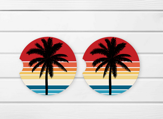 Retro Palm Trees Ceramic Car Coaster Set