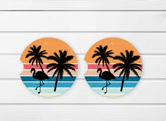 Retro Flamingo and Palm Trees Ceramic Car Coaster Set