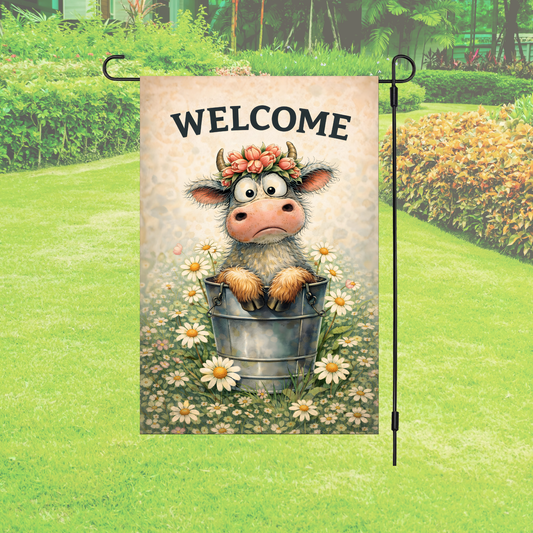 Garden Flag – Welcome Cow Daisy Garden