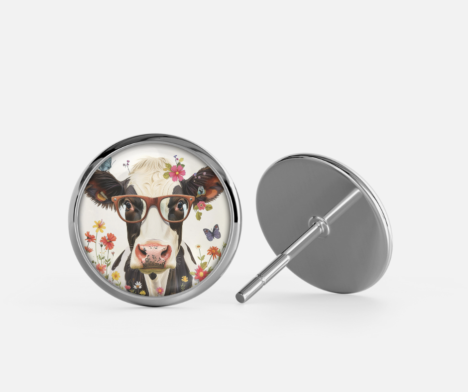 Glass Dome Aluminum Stud Earrings - Cow